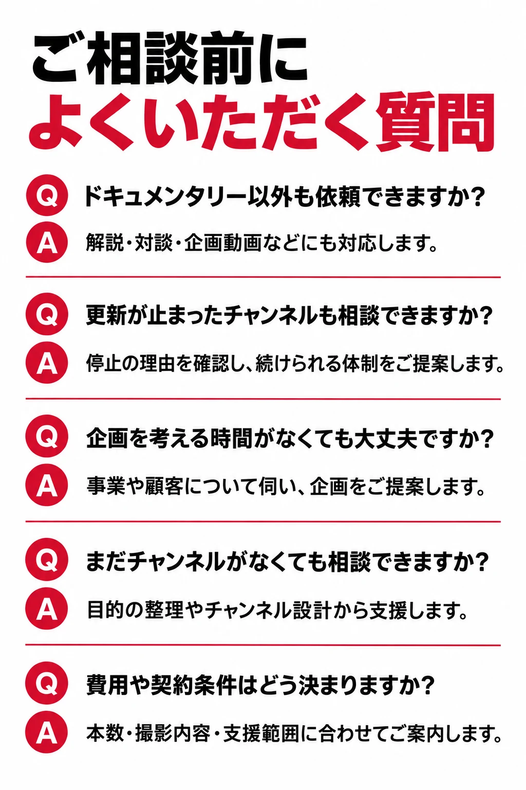 FAQ ご相談前に よくいただく質問 ドキュメンタリー以外の動画も依頼できますか? はい。解説、対談、企画動画などにも対応します。目的と視聴者に合わせて、適した形式をご提案します。 まだチャンネルがなくても相談できますか? はい。目的の整理やチャンネルの設計からご相談いただけます。 既存のチャンネルを引き継いで運用できますか? 現在の動画や数値、運用体制を確認し、必要な支援範囲をご提案します。 出演や撮影の準備はどこまで必要ですか? 企画に応じて、出演者や場所、情報のご提供をお願いします。準備事項は事前に整理して共有します。 効果は何を見て判断しますか? 認知、集客、採用などの目的に合わせて指標を決めます。再生数や視聴維持率とあわせて、確認可能な問い合わせ・応募などの変化を見て改善します。 契約期間や最低本数はありますか? 企画と必要な支援範囲に応じて、開始前に条件をご案内します。 社内で更新が止まったチャンネルも相談できますか? はい。更新が止まった理由や社内の負担を確認し、無理なく続けられる本数・制作体制・確認フローをご提案します。既存の動画や数値も、次の企画に活かします。 忙しくて、企画を考える時間がなくても依頼できますか? はい。事業や顧客について伺った内容をもとに、企画をご提案します。貴社には情報の共有や内容確認、企画に応じた出演・撮影のご協力をお願いします。